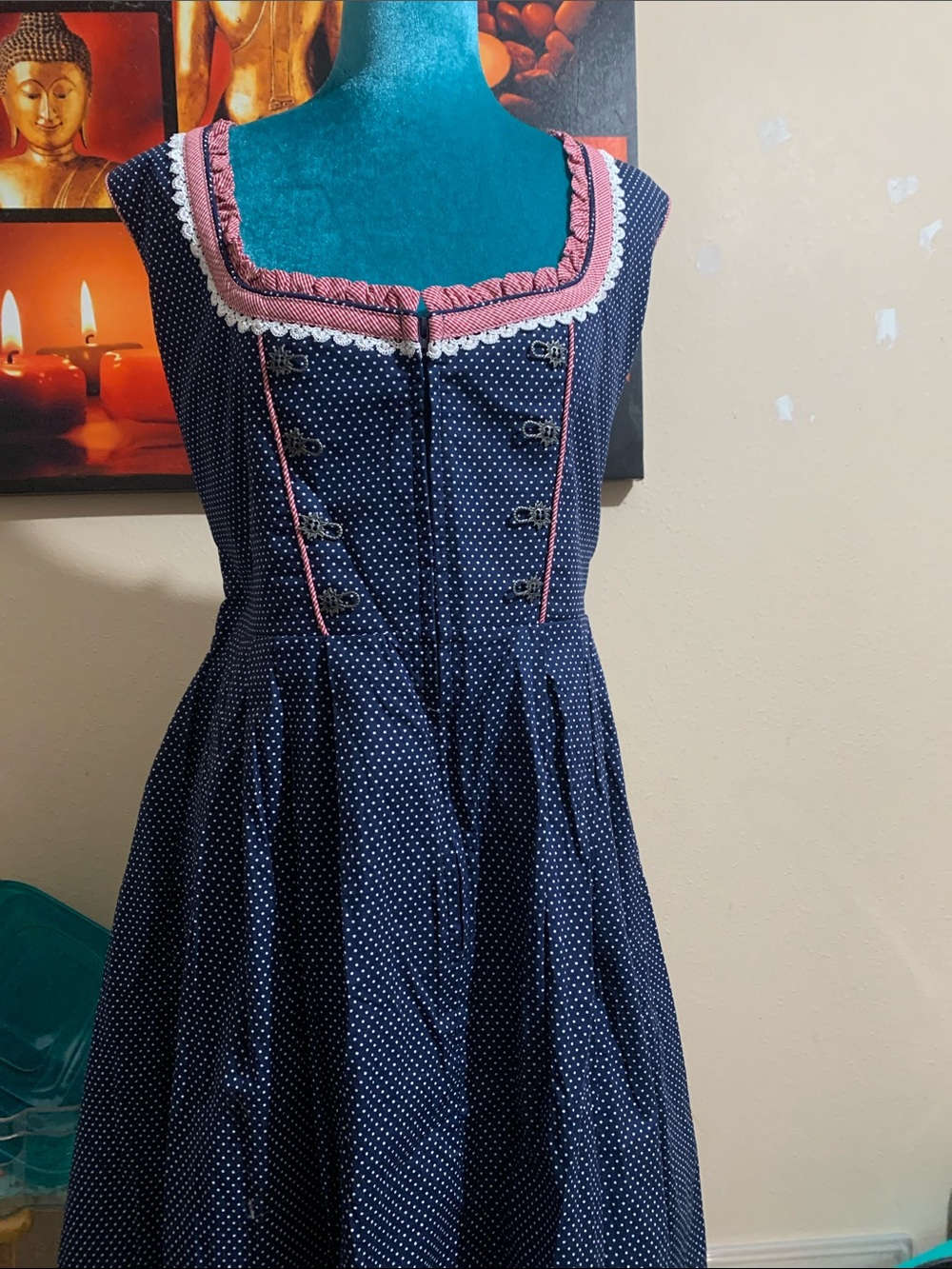 Navy Polka Dot Sleeveless Fit-and-Flare Dress with Pink Trim